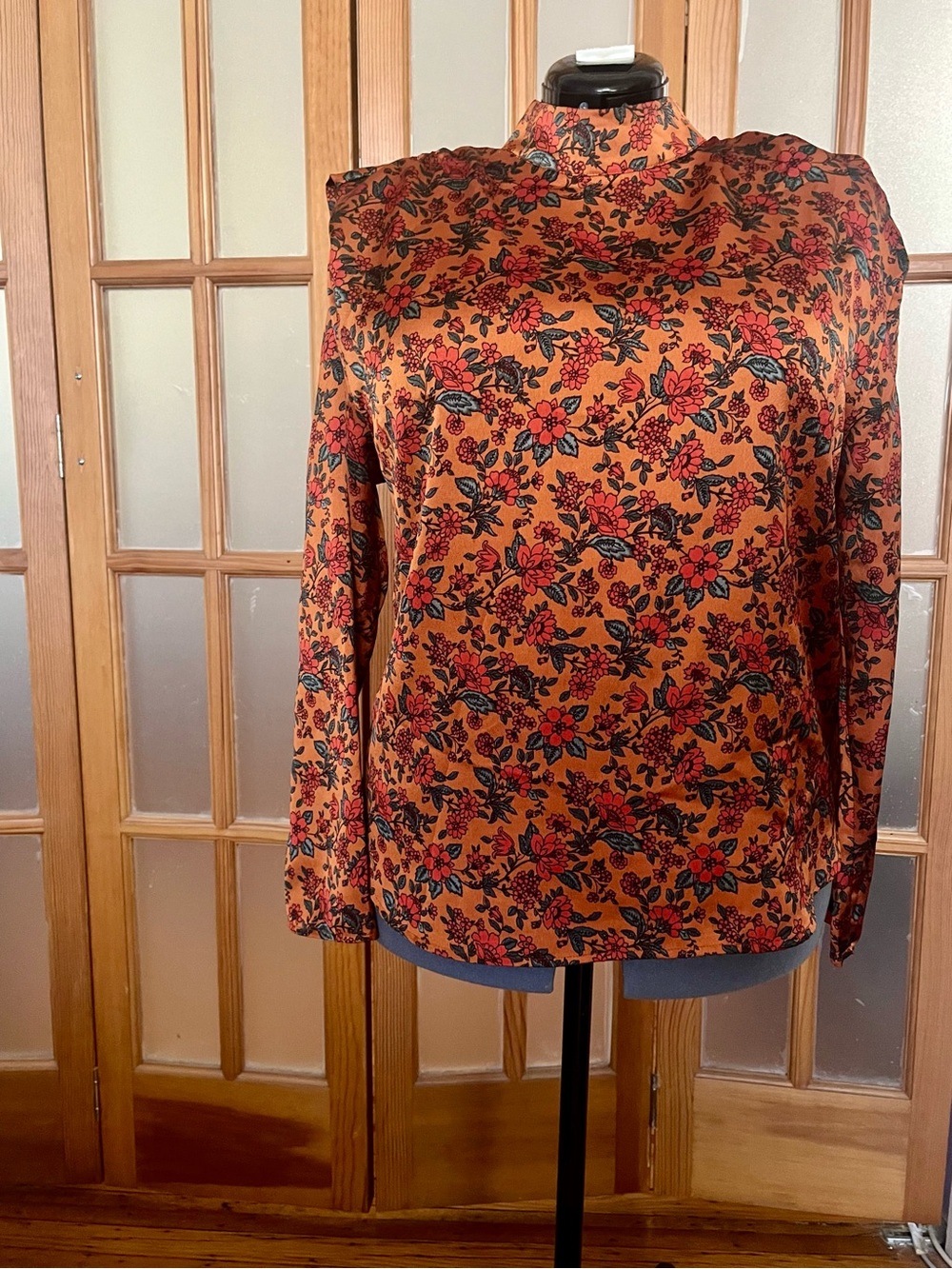 Pleione Rust Floral High-Neck Long-Sleeve Blouse